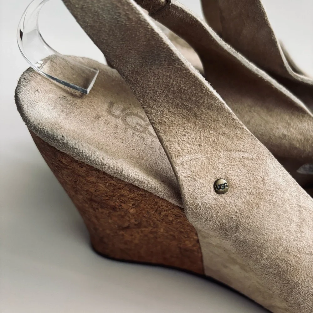UGG Beige Suede Cork Sandals Wedge Platform Woman’s Shoe Size 9